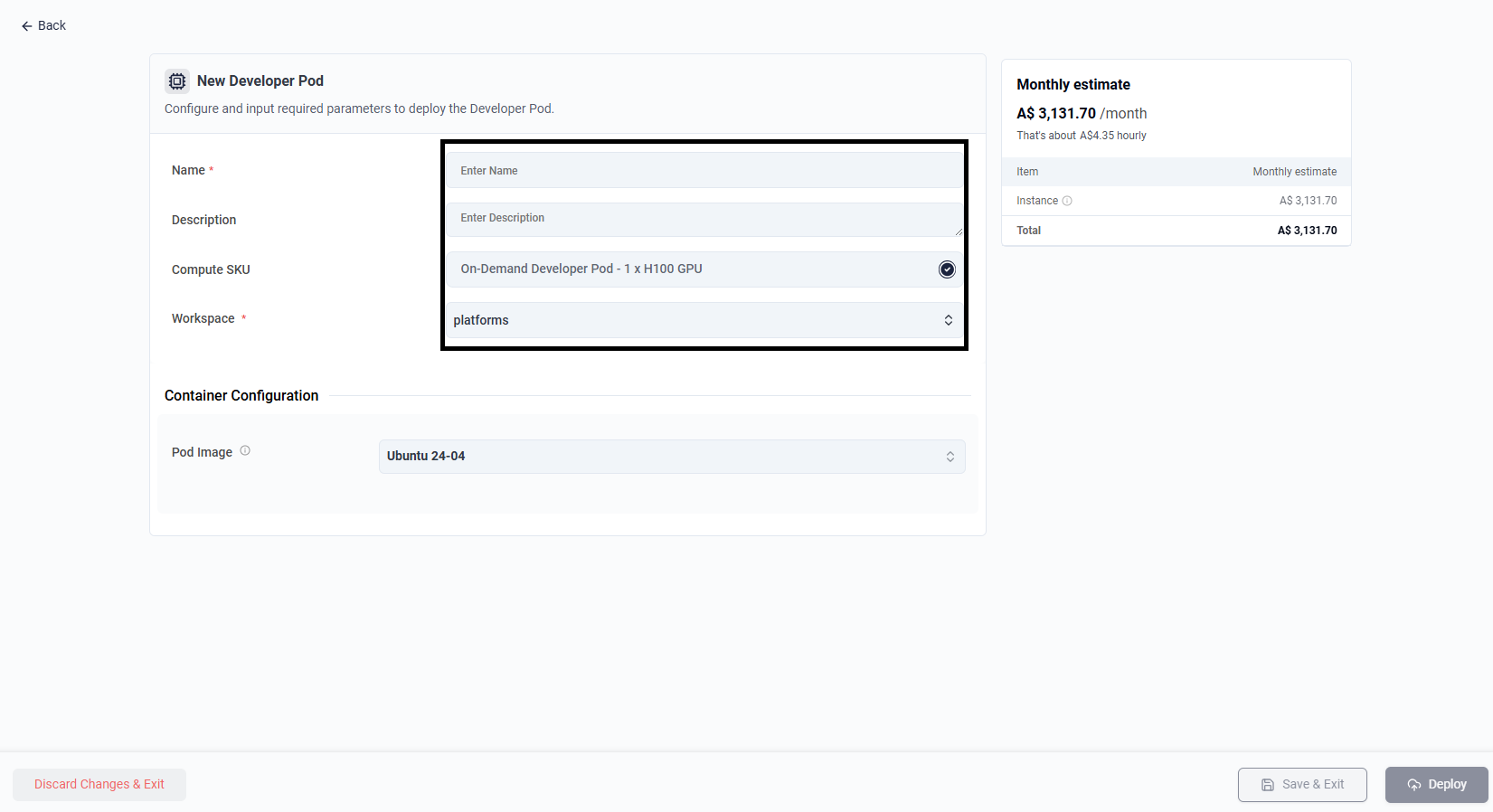 Enter the basic Developer Pod details