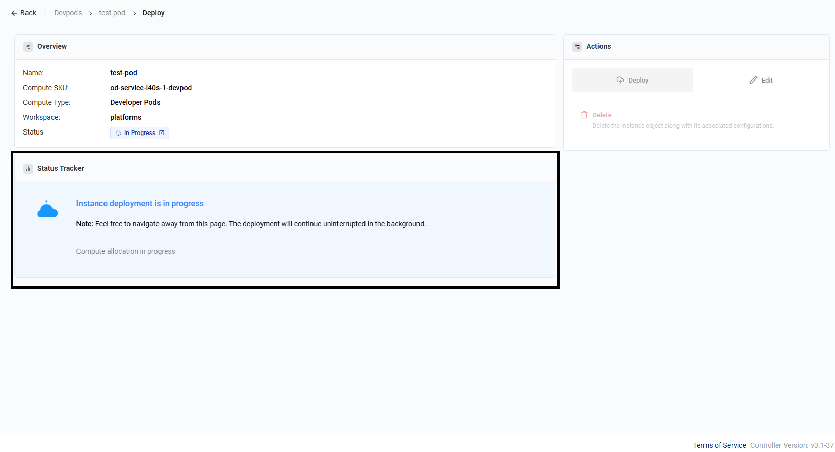 Pod deployment in progress — detail page