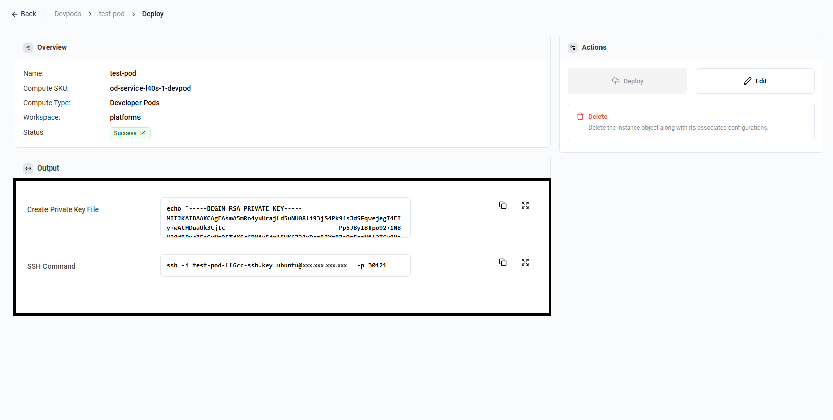 Pod deployment success with output details