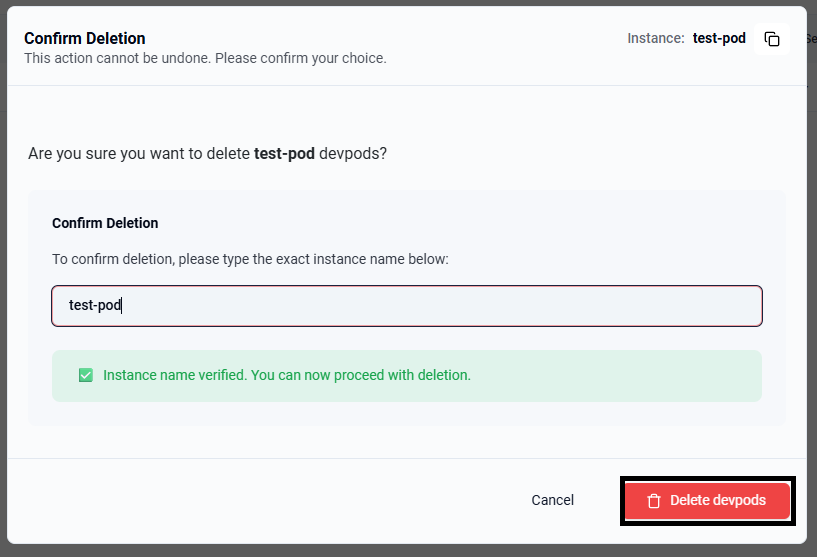 Confirm pod deletion