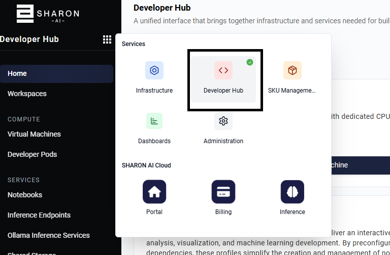 Open Developer Hub from the services launcher