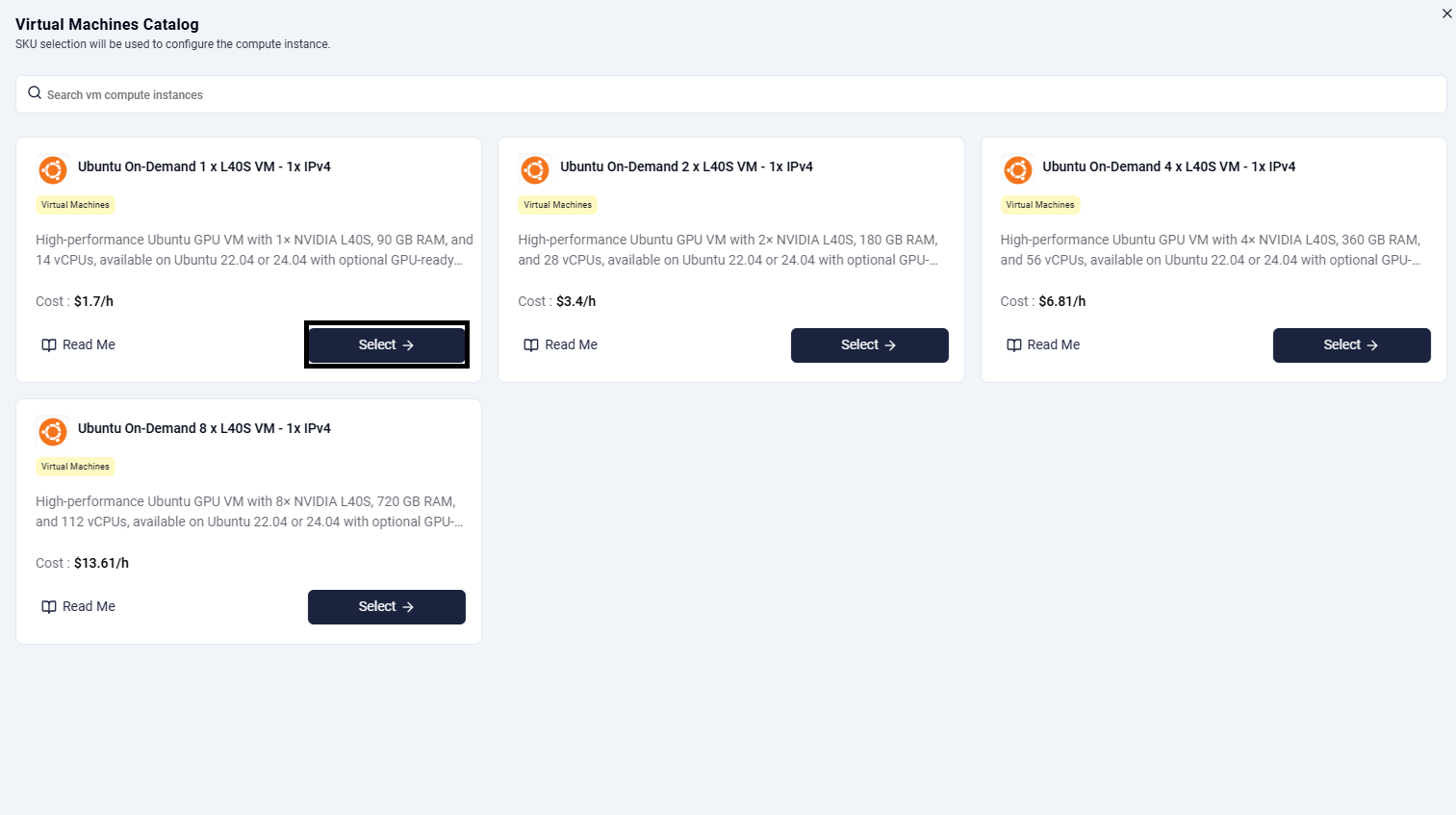 Select a VM SKU from the catalog