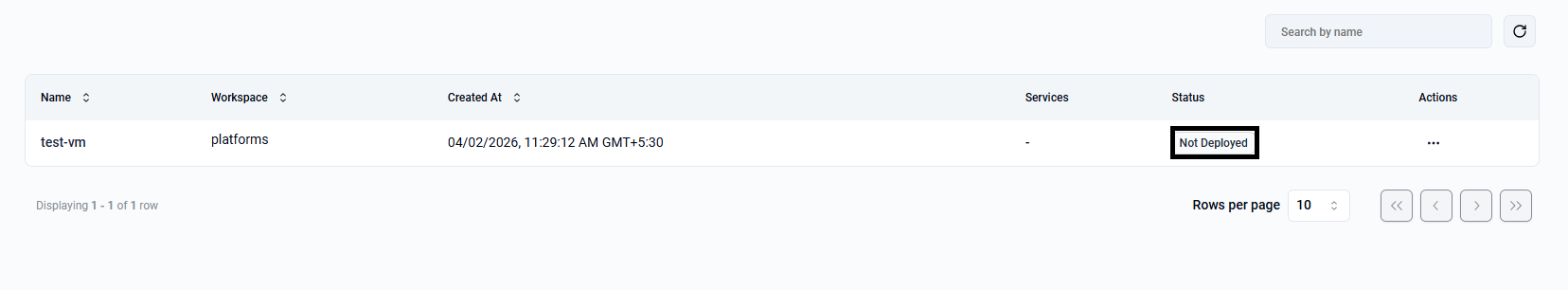 VM created in the list view