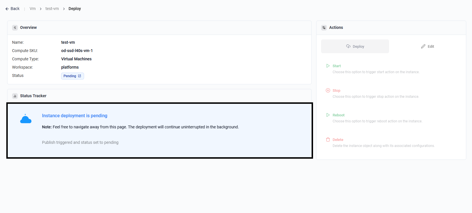 VM deployment pending page