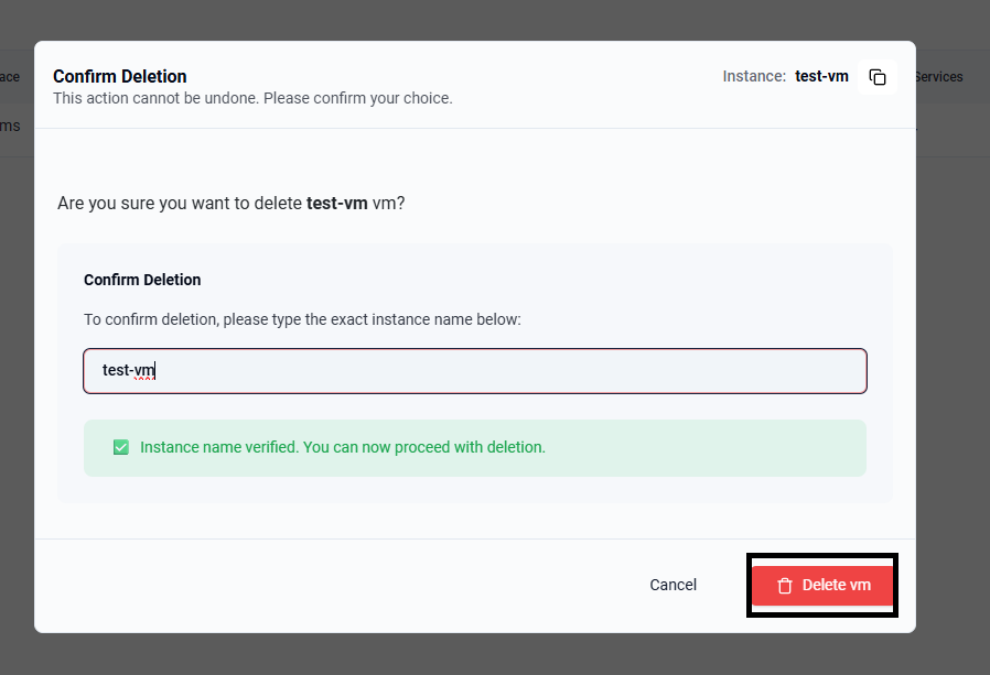 Confirm VM deletion